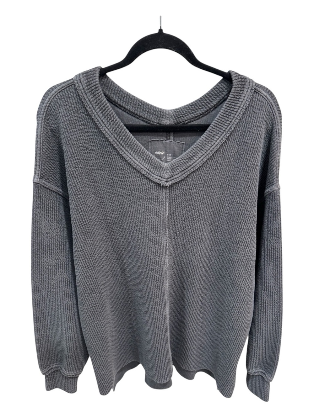Aerie Wonder Textured V Neck Oversized Sweatshirt Size M Charcoal Gray